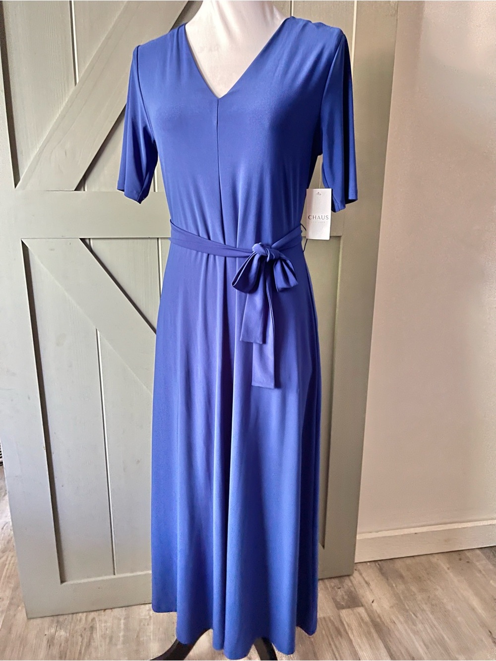 NWT Chaus Royal Blue V-Neck Tie Waist Midi Dress Size S Wedding Guest Classic